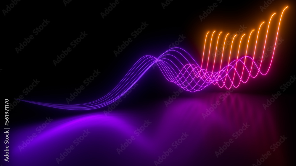 Sci Fy neon glowing wave lines in a dark hall. Reflections on the floor. Empty background in the center. 3d rendering image. Abstract glowing lines. Techology futuristic background.