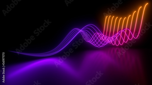 Obraz na płótnie Sci Fy neon glowing wave lines in a dark hall. Reflections on the floor. Empty background in the center. 3d rendering image. Abstract glowing lines. Techology futuristic background. w salonie
