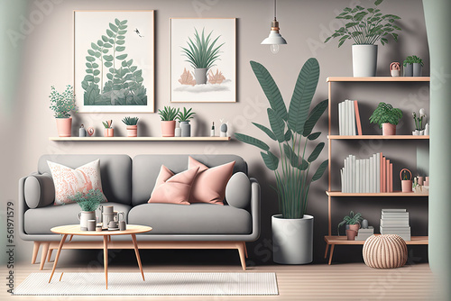 Stylish scandi compostion at living room interior with design gray sofa, wooden coffee table, shelf, cube, carpet, rattan pouf, plants, picture frame, table lamp and elegant accessories in home decor