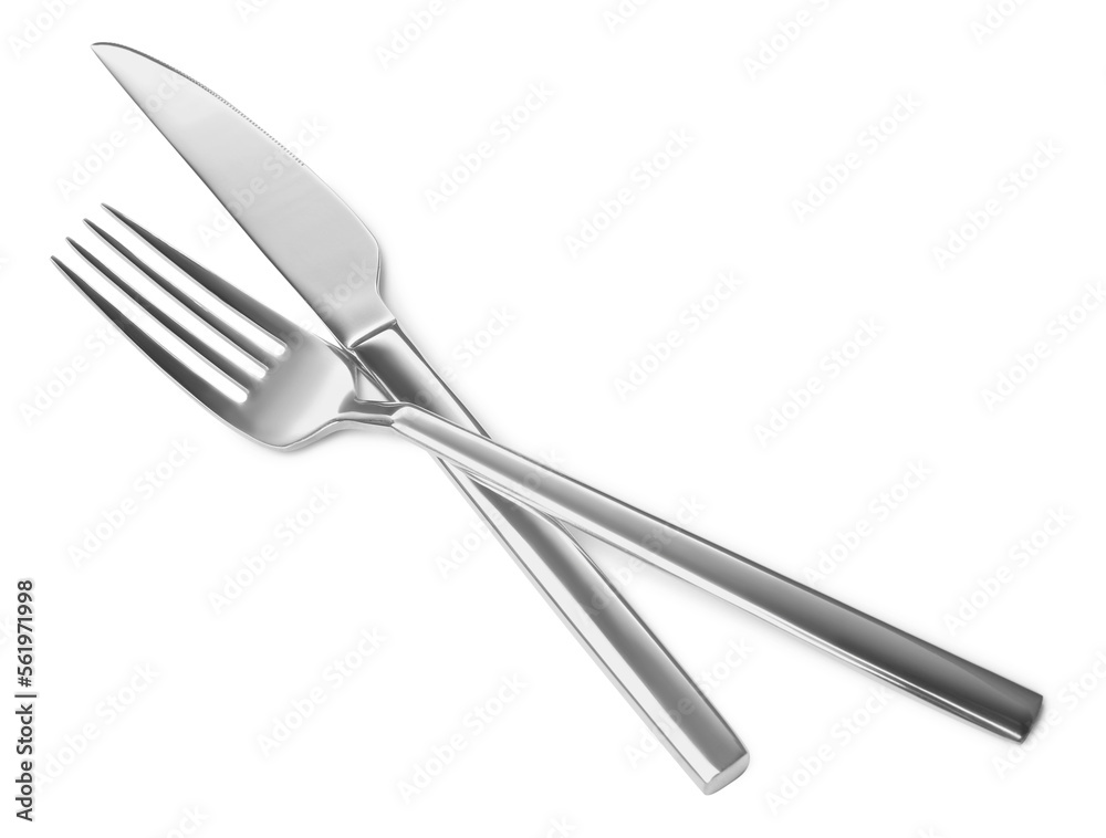 New shiny knife and fork isolated on white New shiny knife and fork isolated on white