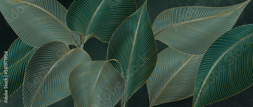 Abstract botanical art background with hand drawn tropical leaves with golden elements in line style. Image with exotic plants for decoration, print, wallpaper, textile.