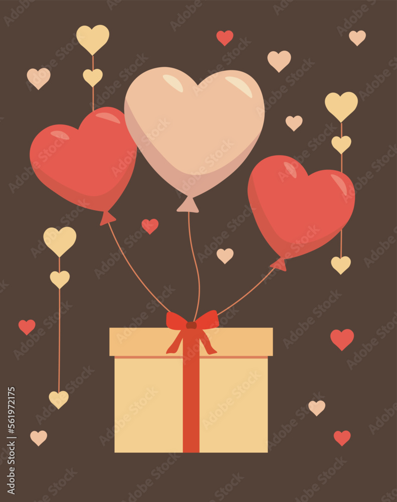 Heart shaped balloons and gift box. Valentines day background.