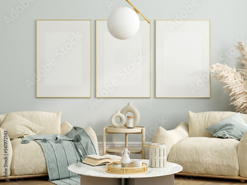 Frame mockup in modern living room interior, 3d render © vnmockup