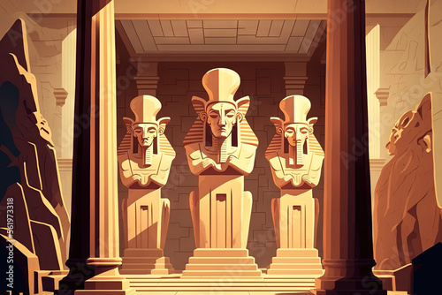 At the Mortuary Temple of Hatshepsut, sculptures of Osiride, the Egyptian God of Fertility, stand in front of the columns. Generative AI