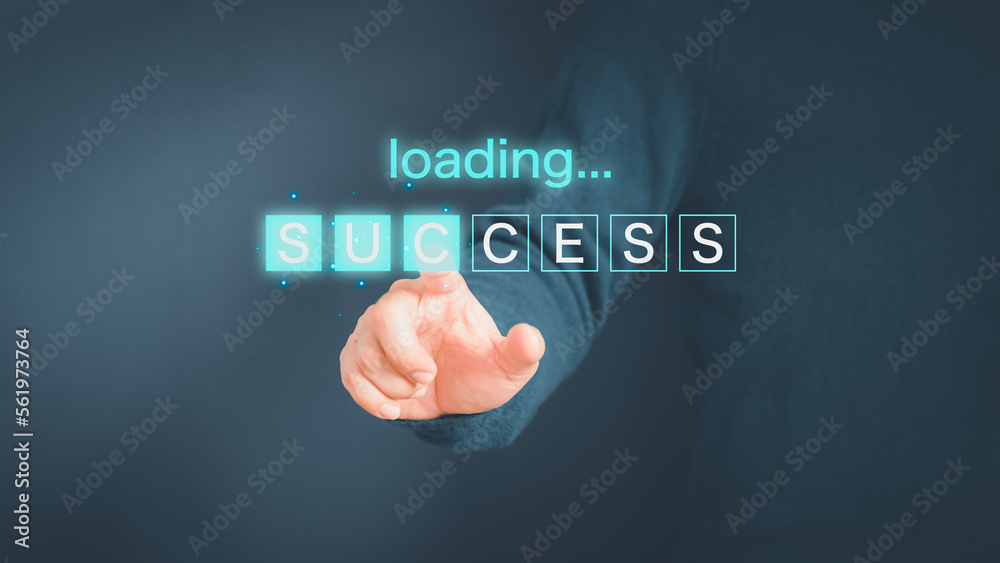 Adult man touching virtual screen loading bar with success text. Concept of goal, action plan, strategy and new year business vision. New start up business. Adult man touching virtual screen loading bar with success text. Concept of goal, action plan, strategy and new year business vision. New start up business.