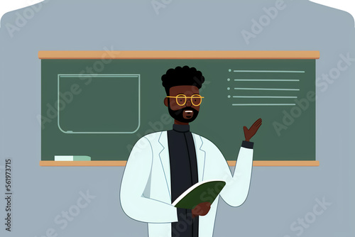 Young black male professor giving lecture in yellow glasses. Modern flat vector illustration concept, generative art
