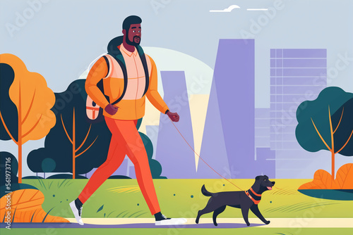Black man walking dog in city park during winter. Flat vector illustration, generative art
