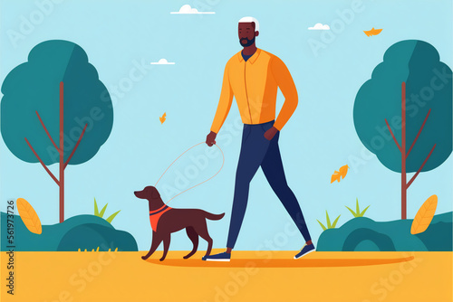 Fit black man walking dog in park autumn leaves falling. Flat vector illustration, generative art