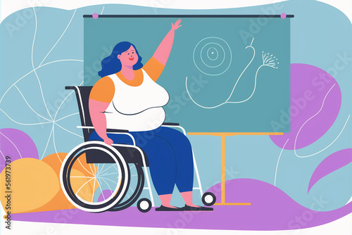 Plus-size woman in wheelchair giving a presentation. Flat vector illustration, generative art concept 