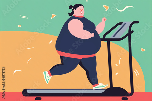 Plus-size woman running on treadmill exercising in gym, Flat vector illustration minimal concept, generative art