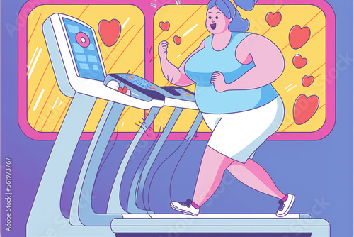 Plus-size woman running on gym with hearts in background, color pop, Flat vector illustration concept, generative art