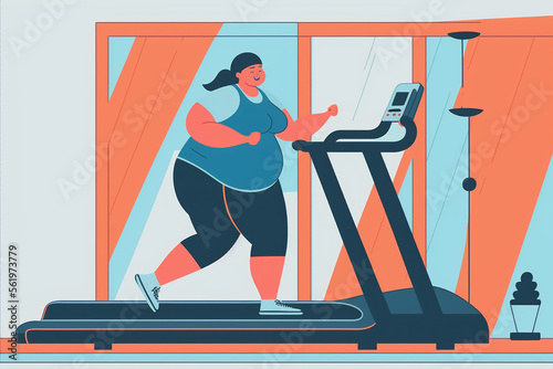 Plus-size woman running on treadmill in gym. Flat vector illustration concept, generative art, Abstract art background