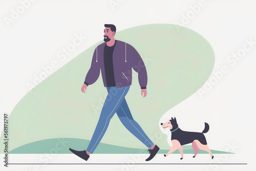 Mixed race lightskin man walking dog. Flat vector illustration, generative art