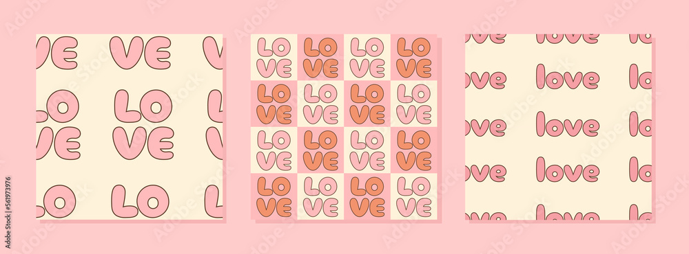 Set of simple abstract groovy patterns in retro 60s 70s psychedelic style with word love. Groovy funky square backgrounds with comic font. Valentine day. Vector flat illustration.