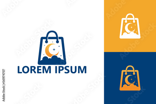 Night store, moon and shopping bag logo template design vector