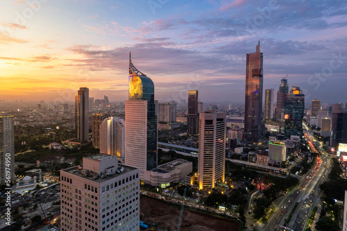 Jakarta Panoramic from Sudirman street view during the golden hour. Jakarta is capital city of indonesia before it be moved to Kalimantan. 