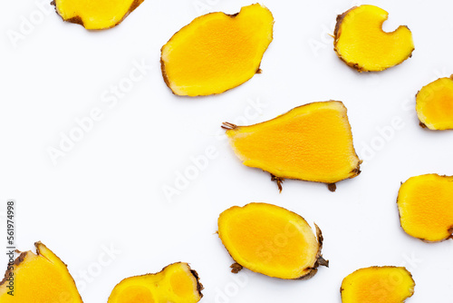 Phlai slices, Cassumumr ginger or zingiber montanum on white background. photo