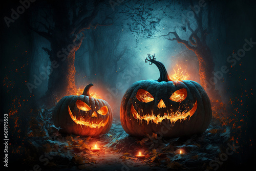 Halloween pumpkin head jack lantern with burning candles in scary night forest.  Generative Ai.
