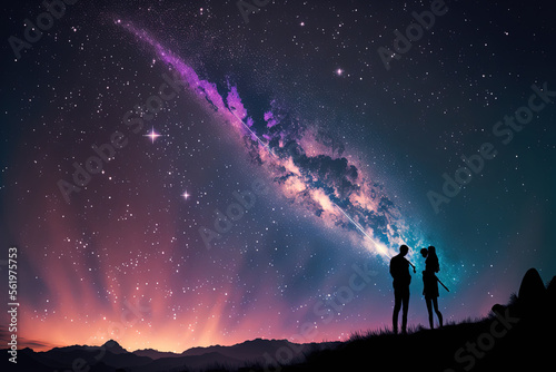 A couple of lovers hold s and look at a shooting star at night against the backdrop of the Milky Way. No focus in the foreground, such an idea. Silhouettes are drawn by without reference. Generative