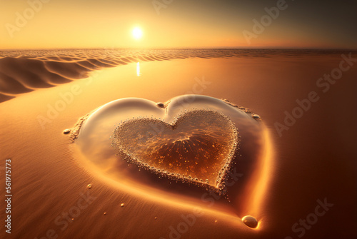 Valentines day on sunset beach. hearts drawn in sand love concept.  Generative Ai.