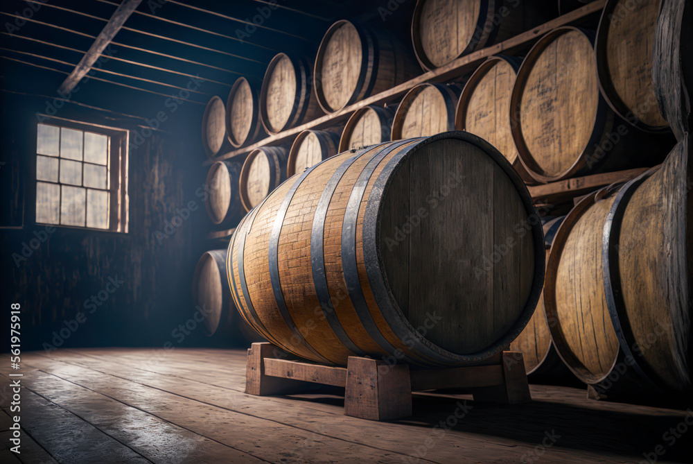 Alcohol barrel room interior. Generative AI Alcohol barrel room interior. Generative AI