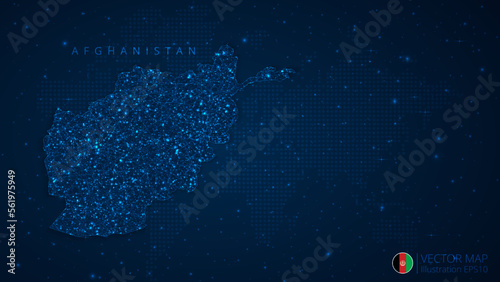 Map of Afghanistan modern design with polygonal shapes on dark blue background. Business wireframe mesh spheres from flying debris. Blue structure style vector illustration concept