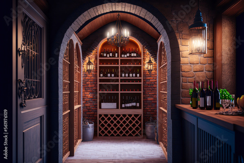 Wine cellar interior. Generative AI photo