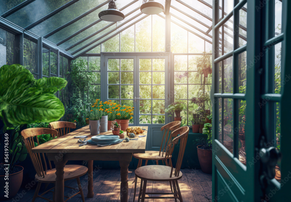 Greenhouse interior, table and chairs, dining area. Generative AI