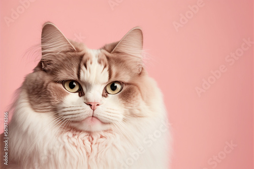 Fluffy adult cat isolated on a pink background. Generative Ai.
