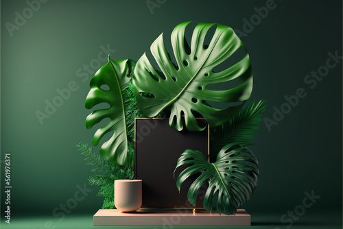 Podium display with tropical leaf on green, Generative ai