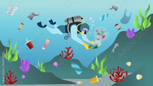 Man diving to collecting bag, garbage, bottle illustration for website, scuba diver cleaning ocean from plastic trash pollution vector illustration, Concept of sea pollution with a scuba diver