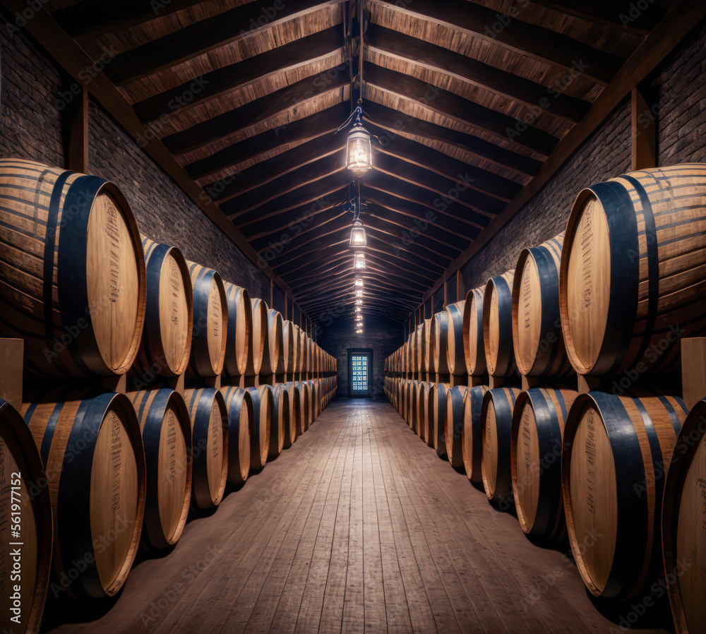 Alcohol barrel room interior, stacked barrels, symmetrical. Generative AI