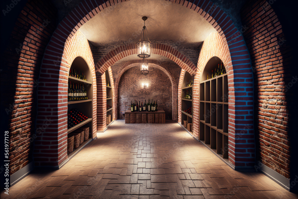 Wine cellar interior, underground, brick vault arches. Generative AI