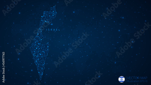 Fototapeta Naklejka Na Ścianę i Meble -  Map of Israel modern design with polygonal shapes on dark blue background. Business wireframe mesh spheres from flying debris. Blue structure style vector illustration concept