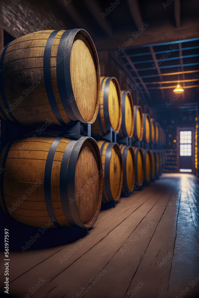 Alcohol barrel room interior, vertical, wall of stacked barrels. Generative AI