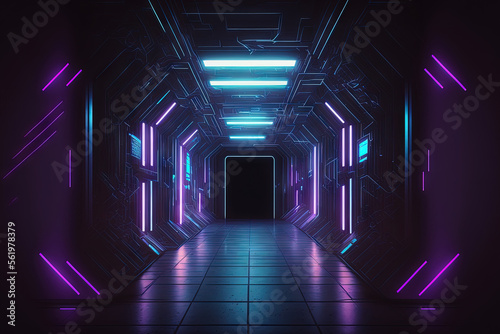 Fotografija Rectangle Laser Blue Purple Glowing Sci Fi Neon Frame Concrete Reflective Floor Texture Metallic Cyberpunk Cyber Synth Tunnel Corridor Garage Warehouse in Virtual Reality Background Dark
