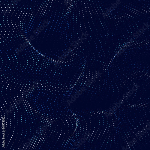 Wave line of flowing particles abstract vector on dark blue background, smooth curvy shape circle dots fluid array. 3d shape dots blended mesh, future technology relaxing wallpaper. AI generated