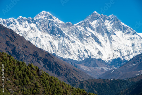 Beautiful view of Mt.Everest and Mt.Lhotse view from Sherpa Museum in Namche Bazaar, Nepal.