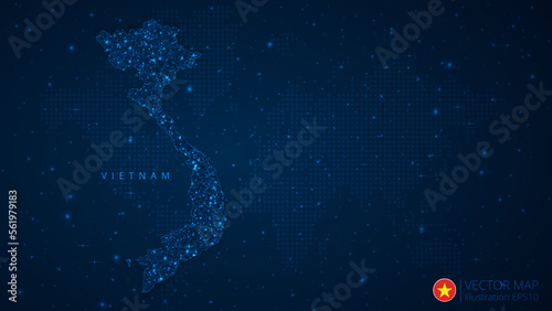 Map of Vietnam modern design with polygonal shapes on dark blue background. Business wireframe mesh spheres from flying debris. Blue structure style vector illustration concept