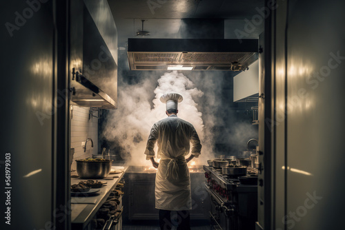 Fototapeta Chef preparing food in the kitchen of a restaurant, Generative AI