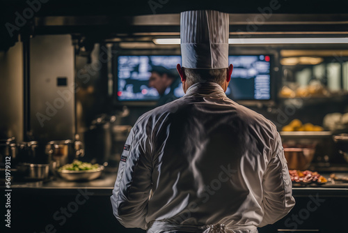 Chef in a modern kitchen overlooking the food preparations, Generative AI