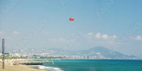 Panoramic banner of beach in Alanya, popular seaside resorts in Turkey. Summer vacation, holiday in Turkey.