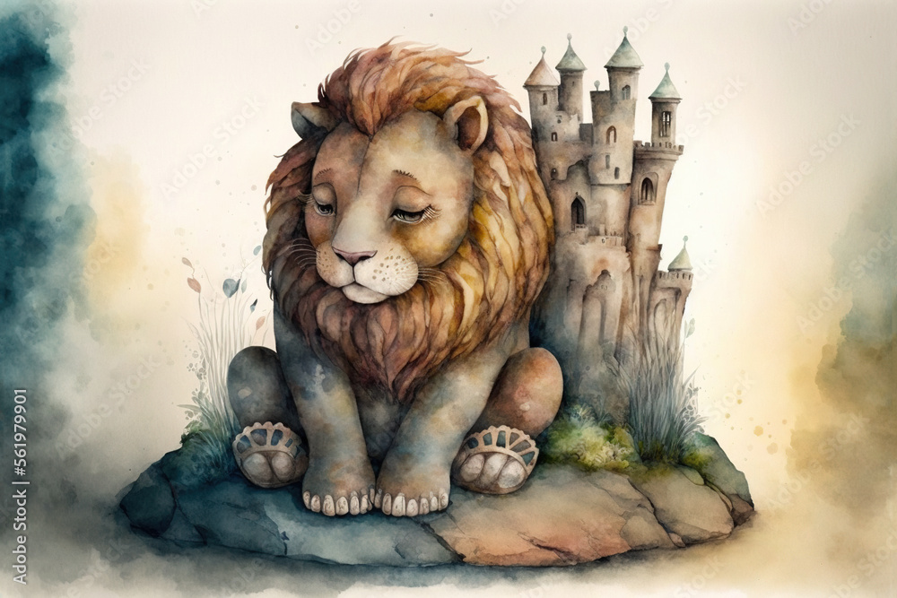 Baby lion sitting castle in background watercolor, Generative AI