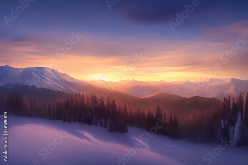 夕暮れの雪山　generative ai © Rummy & Rummy