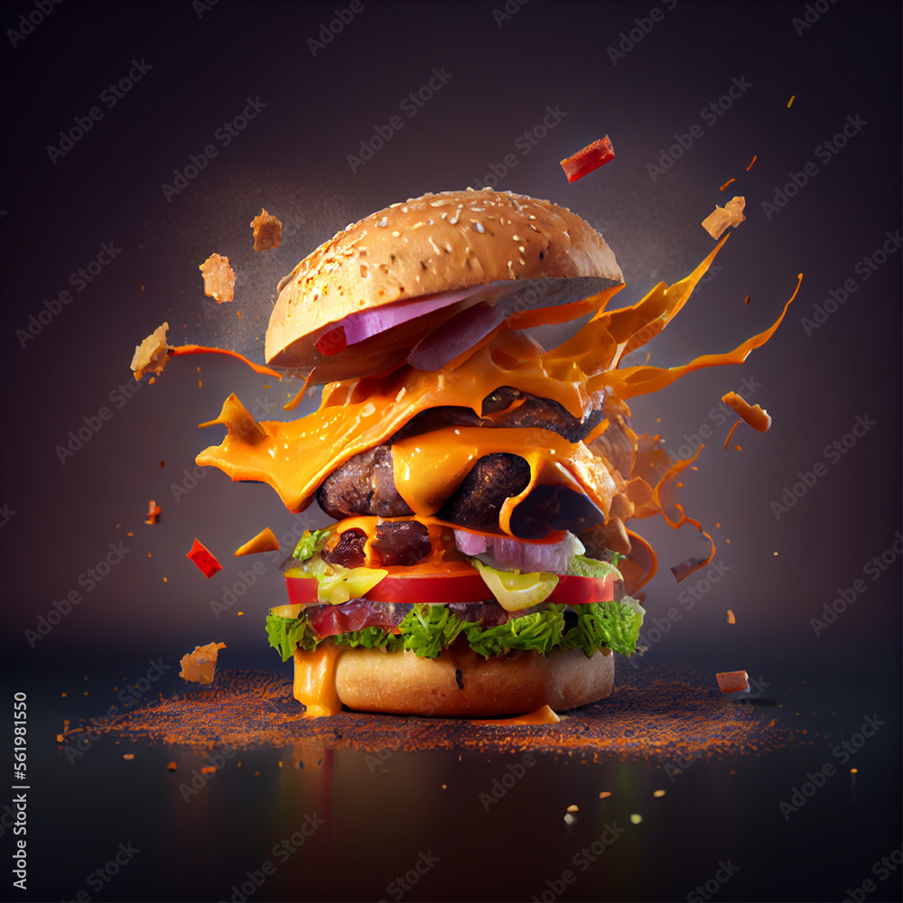 Beef Cheese Burger explosion Food photography for menu Ai