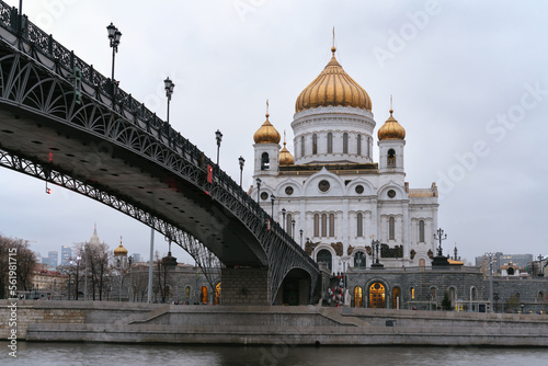 View of the Cathedral of Christ the Savior and the Patriarchal Bridge from the Beresnevskaya embankment of the Moskva River, Moscow, Russia