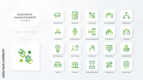 Business management icon collection with green duotone style. Corporate, currency, database, development, discover, document, e commerce. Vector illustration