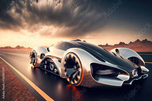 High speed futuristic car merged with photos (car is generic and nonexistent design) – illustration,. Generative AI