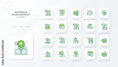 Business management icon collection with green duotone style. Corporate, currency, database, development, discover, document, e commerce. Vector illustration