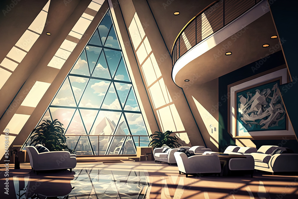 The interior of a modern building is designed in a triangle shape ...
